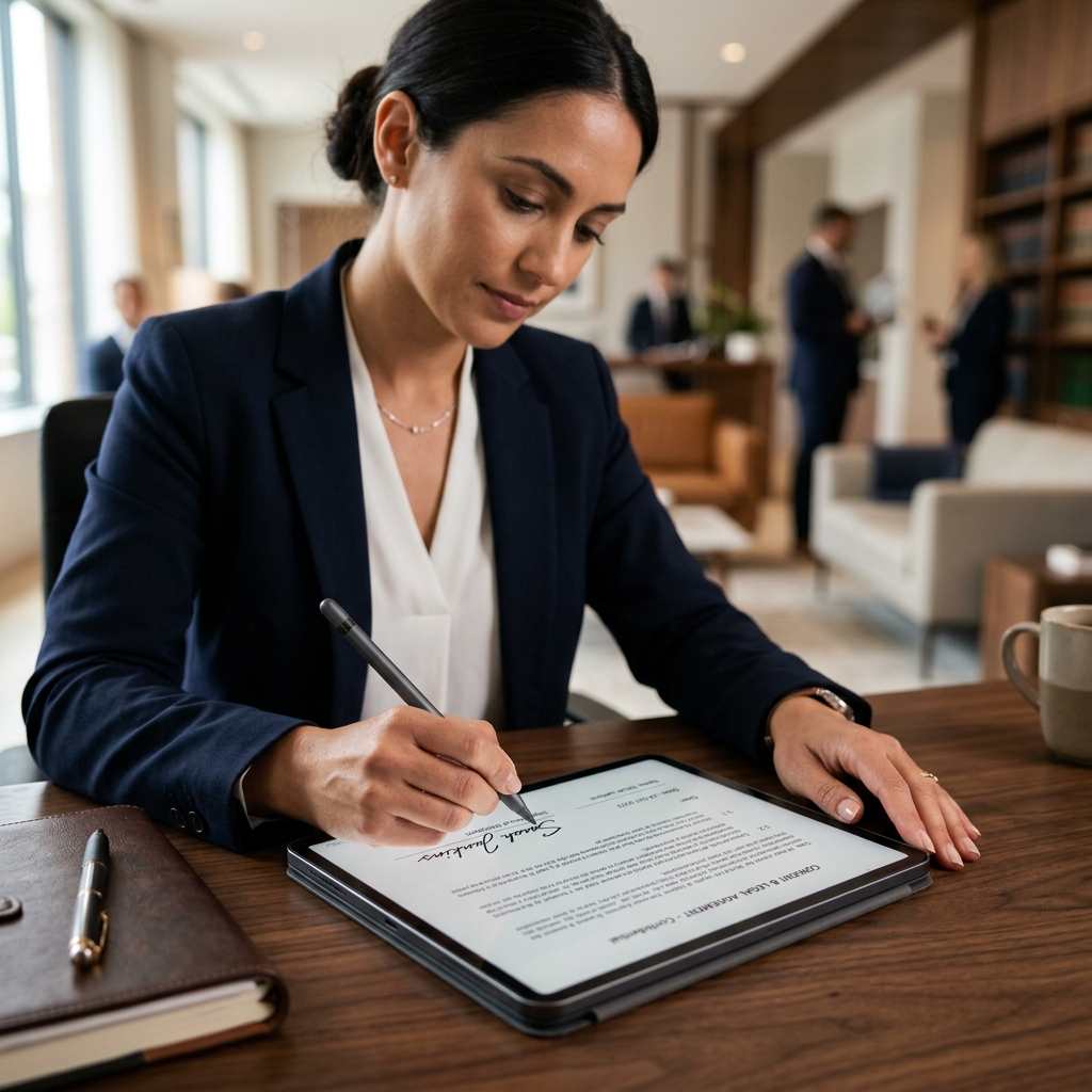 Persona usando firma digital en una tableta para autenticar documentos electrónicos