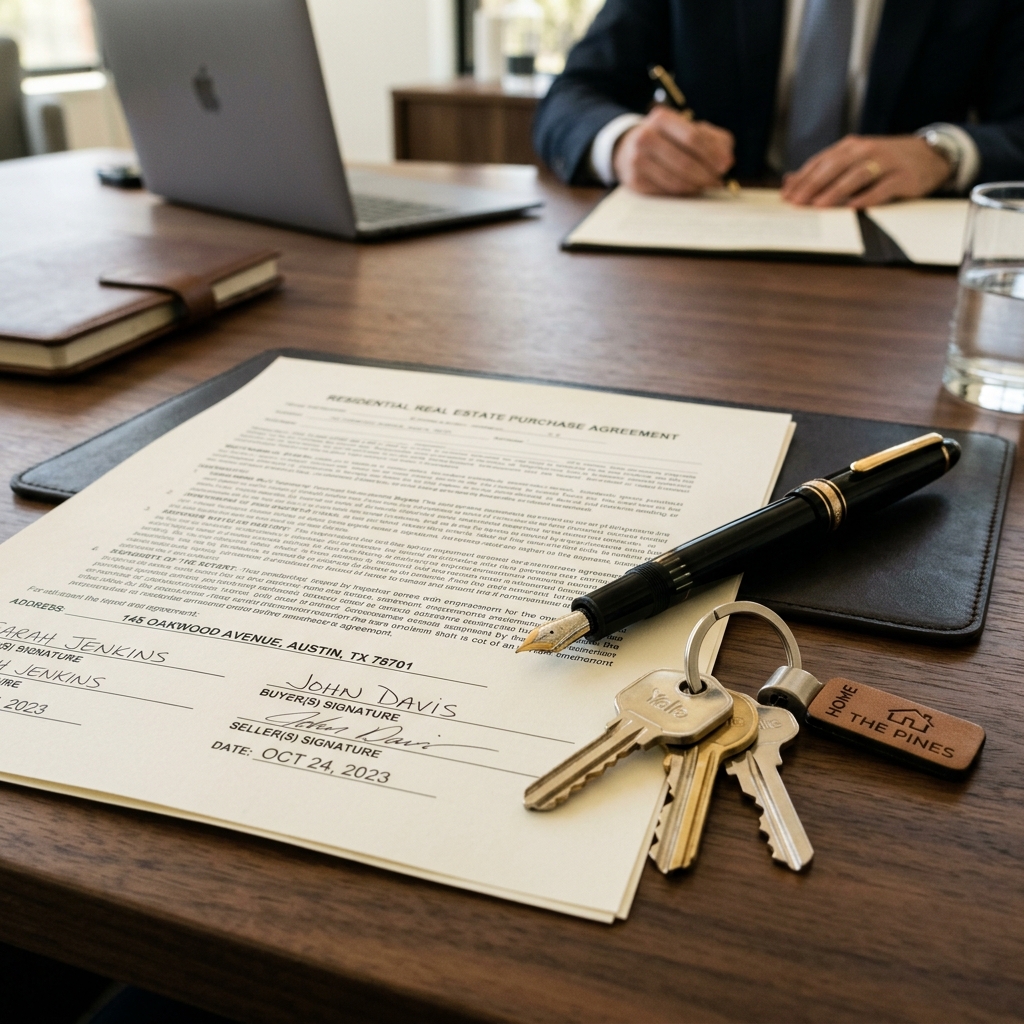 Persona firmando un contrato de compraventa de inmueble en una oficina legal